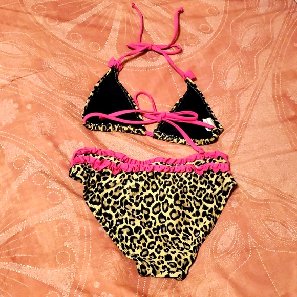 EUC Girl's 10 Marina West Leopard with Pink Ruffle & Ties Triangle 2 pc Bikini - Picture 2 of 5